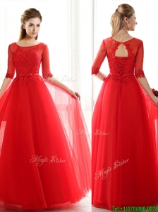 See Through Scoop Half Sleeves Red Bridesmaid Dresses with Lace and Belt