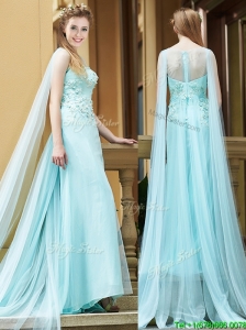 Elegant  Bateau Applique Watteau Train Bridesmaid Dresses in Light Blue