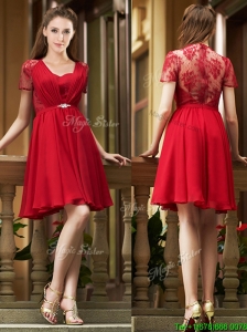 Elegant See Through Back Red Short Bridesmaid Dresses with Short Sleeves