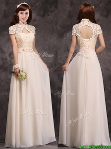 Hot Sale High Neck Champagne Bridesmaid Dresses with Appliques and Lace