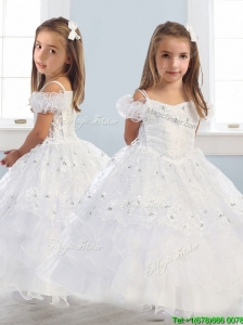 Exquisite Spaghetti Straps Cap Sleeves Little Girl Pageant Dress with Lace and Ruffled Layers