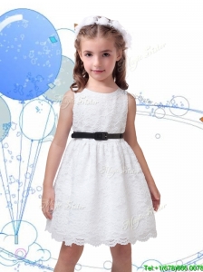 Popular Laced Scoop Little Girl Pageant Dress with Black Sashes