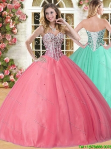 Lovely Beaded Coral Red Sweet 16 Dress in Tulle for Spring