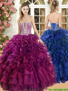Popular Ruffled and Beaded Organza Quinceanera Dress in Burgundy