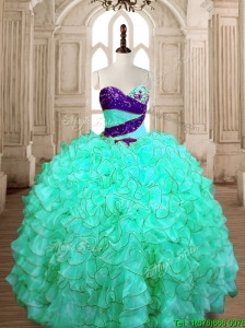 Wonderful Beaded and Ruffled Quinceanera Dress in Turquoise for Spring