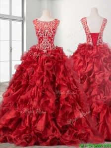 See Through Beaded Scoop Wine Red Quinceanera Dress with Brush Train