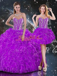 Sweetheart Sleeveless Lace Up Quince Ball Gowns Purple Organza