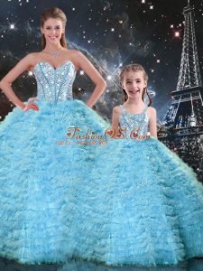 Sleeveless Tulle Floor Length Lace Up Ball Gown Prom Dress in Light Blue with Beading and Ruffles