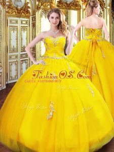 Gold Tulle Lace Up Sweetheart Sleeveless Floor Length Quinceanera Gowns Beading and Appliques