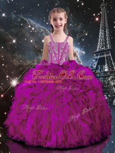 Custom Fit Straps Short Sleeves Kids Pageant Dress Floor Length Beading and Ruffles Fuchsia Organza