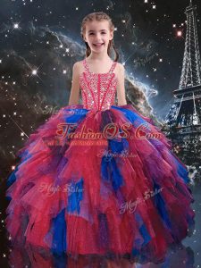 Coral Red Lace Up Little Girls Pageant Gowns Beading and Ruffles Sleeveless Floor Length