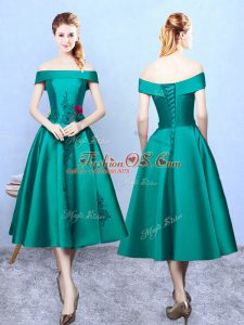 Super Dark Green Sleeveless Appliques Tea Length Bridesmaids Dress