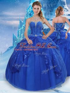Glamorous Royal Blue Tulle Lace Up Quinceanera Dresses Sleeveless Floor Length Beading and Pick Ups