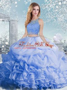 Flirting Baby Blue Sleeveless Floor Length Beading and Ruffles and Pick Ups Clasp Handle Quince Ball Gowns