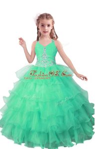 Glittering Turquoise Sleeveless Organza Zipper Kids Formal Wear for Quinceanera and Wedding Party