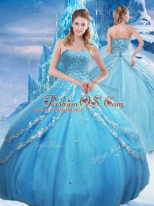 Best Baby Blue Sleeveless Tulle Lace Up Quince Ball Gowns for Military Ball and Sweet 16 and Quinceanera