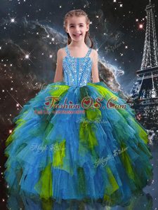 Comfortable Baby Blue Tulle Lace Up Straps Sleeveless Floor Length Child Pageant Dress Beading and Ruffles