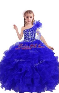 Extravagant Floor Length Royal Blue Little Girls Pageant Dress Organza Sleeveless Beading and Ruffles