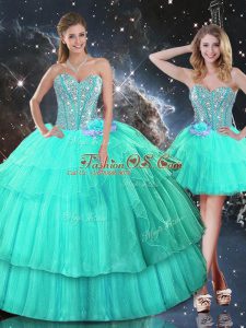 Fancy Sweetheart Sleeveless Lace Up 15th Birthday Dress Turquoise Organza