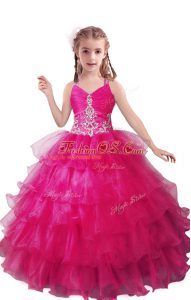 Customized Sleeveless Organza Floor Length Zipper Child Pageant Dress in Fuchsia with Beading and Ruffled Layers