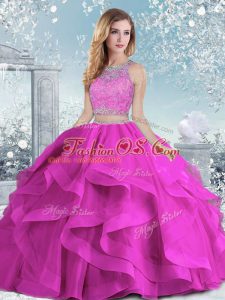 Scoop Sleeveless Organza Ball Gown Prom Dress Beading and Ruffles Clasp Handle