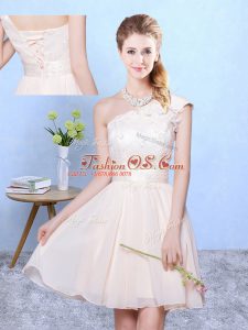 Discount One Shoulder Cap Sleeves Bridesmaid Dress Knee Length Appliques Champagne Chiffon