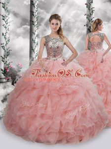 Glamorous Sleeveless Lace Up Floor Length Beading and Ruffles 15th Birthday Dress
