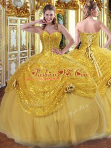 Floor Length Gold 15 Quinceanera Dress Sweetheart Sleeveless Lace Up