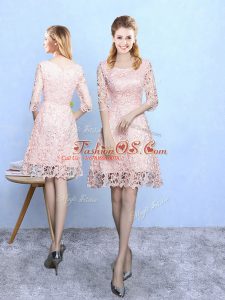 Popular Half Sleeves Lace Mini Length Zipper Dama Dress for Quinceanera in Baby Pink with Lace