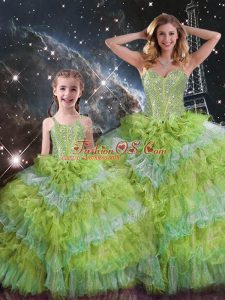 Elegant Multi-color Organza Lace Up Sweetheart Sleeveless Floor Length Sweet 16 Dress Beading and Ruffled Layers and Sequins