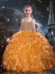 Orange Red Organza Lace Up Straps Sleeveless Floor Length Kids Pageant Dress Beading and Ruffles