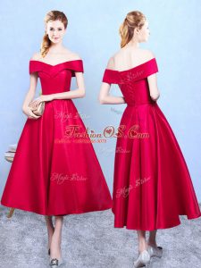 Taffeta Off The Shoulder Sleeveless Lace Up Appliques Quinceanera Dama Dress in Wine Red