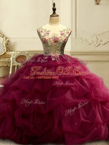 Sleeveless Floor Length Appliques and Ruffles and Sequins Lace Up Quinceanera Gowns with Burgundy