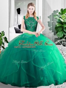 Turquoise Two Pieces Lace and Ruffles Quinceanera Gown Zipper Tulle Sleeveless Floor Length