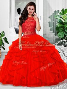 Halter Top Sleeveless Quinceanera Dresses Floor Length Lace and Ruffles Red Tulle