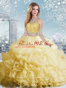 Dazzling Yellow Organza Clasp Handle Bateau Sleeveless Floor Length Quince Ball Gowns Beading and Ruffles and Pick Ups