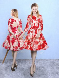 Attractive Printed Scoop 3 4 Length Sleeve Lace Up Pattern Vestidos de Damas in Red