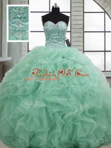 Apple Green Sleeveless Floor Length Beading and Ruffles Lace Up Sweet 16 Dress