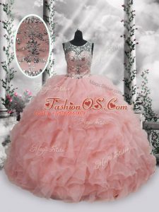 High Class Baby Pink Scoop Lace Up Beading and Ruffles Quinceanera Gown Sleeveless