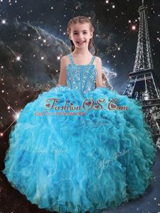 Spectacular Aqua Blue Straps Lace Up Beading and Ruffles Girls Pageant Dresses Sleeveless