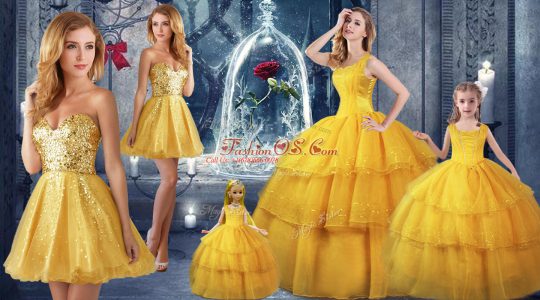 Straps Sleeveless 15 Quinceanera Dress Floor Length Ruffled Layers Gold Organza