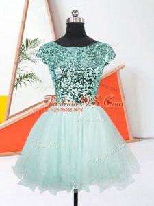 Organza Scoop Short Sleeves Lace Up Sequins Prom Dress in Apple Green