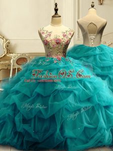 Modest Teal Lace Up Scoop Appliques and Ruffles and Sequins Sweet 16 Quinceanera Dress Organza Sleeveless