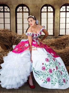 Glittering Off The Shoulder Sleeveless Quinceanera Dresses Floor Length Embroidery and Ruffled Layers Multi-color Chiffon