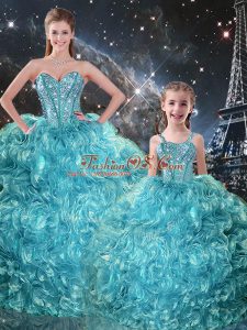 Fabulous Organza Sweetheart Sleeveless Lace Up Beading and Ruffles Quinceanera Dresses in Aqua Blue