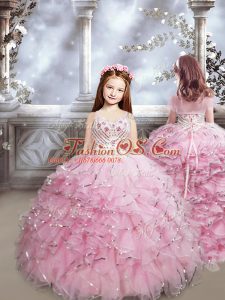 New Arrival Baby Pink Sleeveless Brush Train Beading and Ruffles Little Girl Pageant Dress