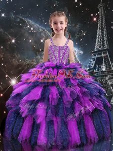Simple Floor Length Eggplant Purple Little Girl Pageant Dress Tulle Sleeveless Beading and Ruffles