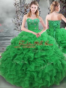 Super Green Sleeveless Floor Length Beading and Ruffles Lace Up Quinceanera Dresses