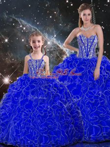 Royal Blue Organza Lace Up Sweetheart Sleeveless Floor Length Sweet 16 Dresses Beading and Ruffles