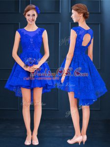 Comfortable Royal Blue Scoop Lace Up Lace and Belt Dama Dress Sleeveless